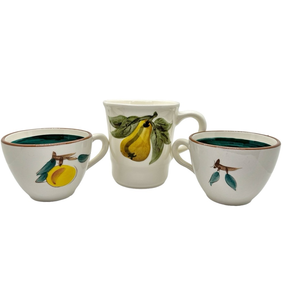 Stangl Sculptured Fruit Pear Mug w/ 2 Fruit Pattern Flat Cups VTG USA Pottery